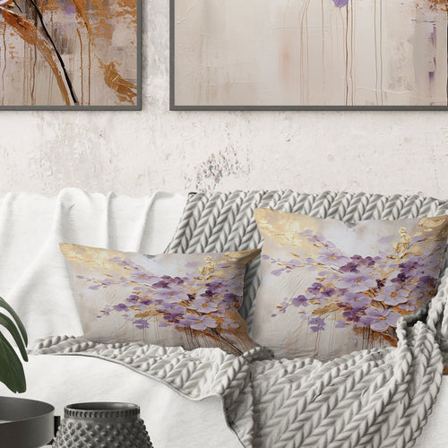 Purple And Gold Adorned Violets Meadow IV - Violets Throw Pillow