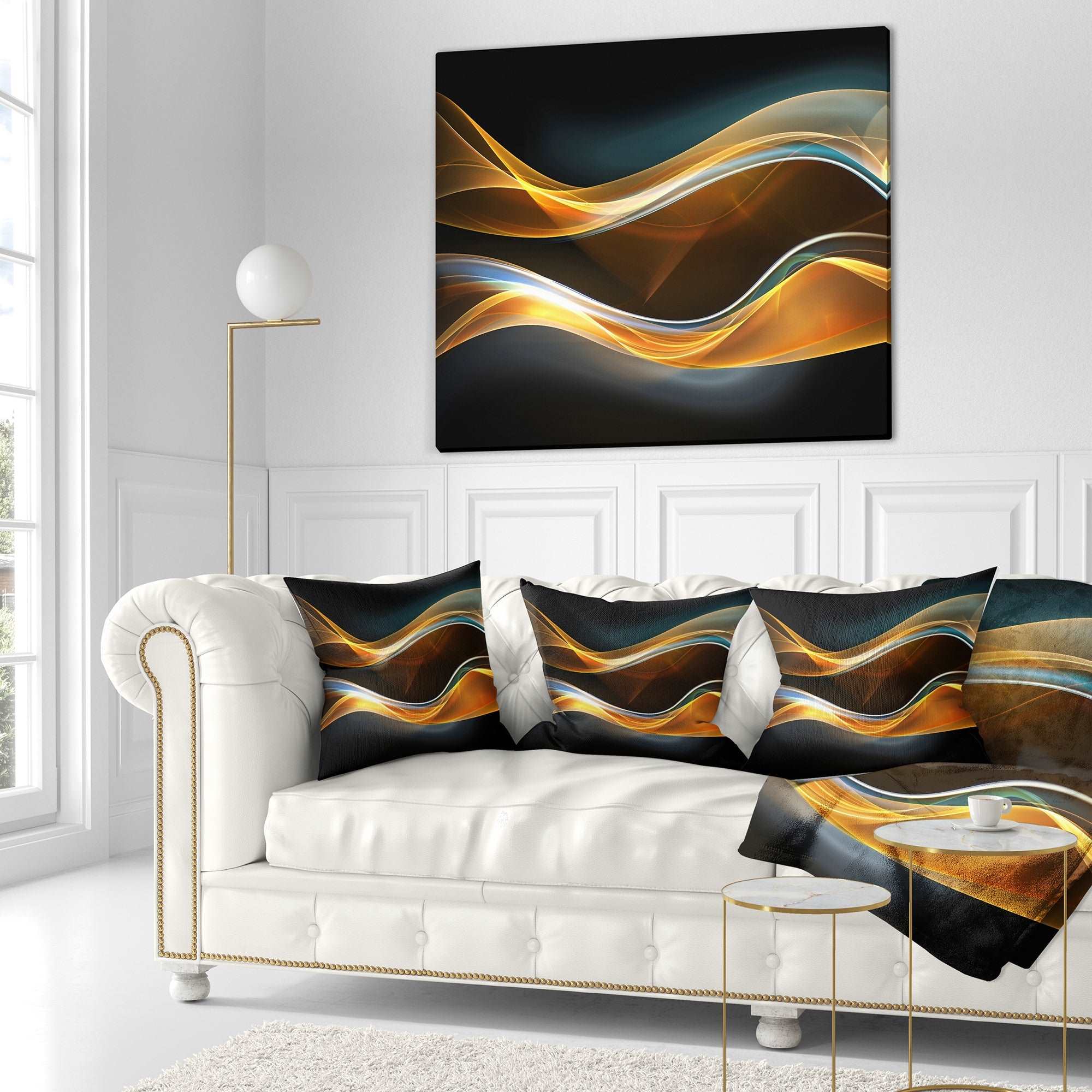 3D Gold Waves in Black - Abstract Throw Pillow