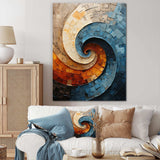 Colorful spiral artwork on a wall above a sofa with decorative pillows.