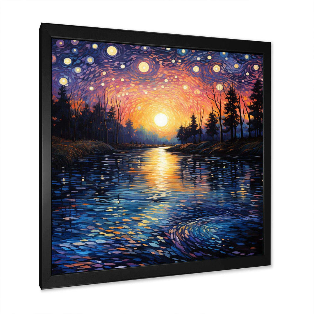 Vangogh Twilight Reflections Pointillism - Landscapes Canvas Wall Art