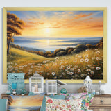 White Green Wildflowers Golden Horizon - Floral Canvas Wall Art