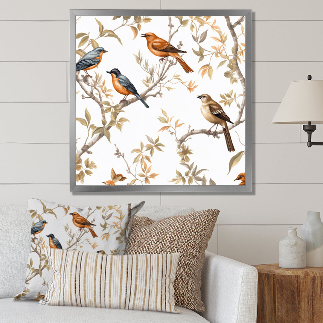 Orange Green Birds On Trees - Bird Framed Canvas Art