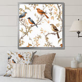 Orange Green Birds On Trees - Bird Framed Canvas Art
