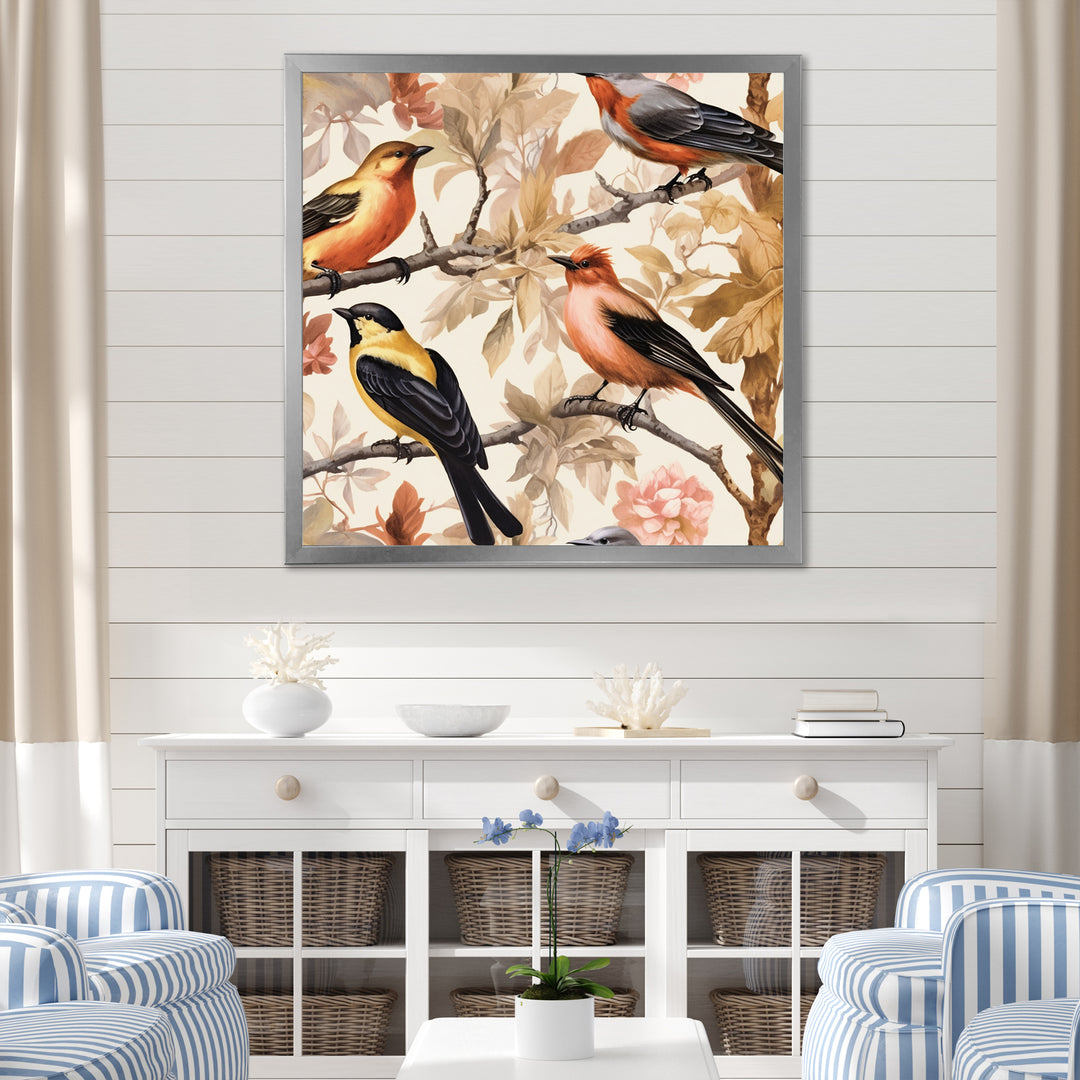 Yellow Black Birds On Trees - Bird Living Room Wall Art
