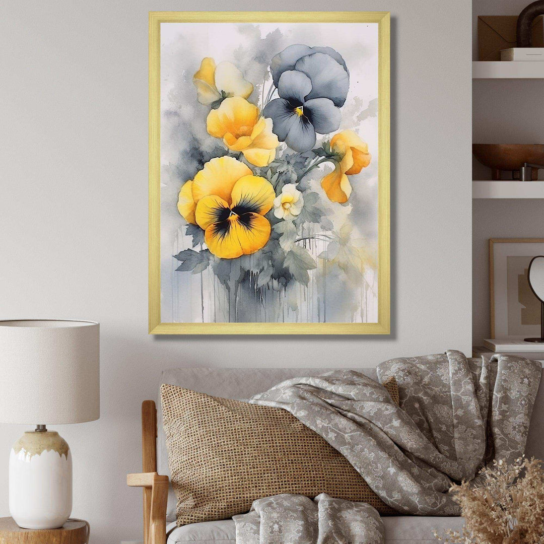 Yellow and Grey Minimalism Pansies - Floral Canvas Wall Art