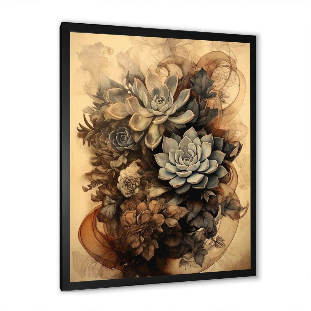 Grey Brown Succulent Resilience - Floral Canvas Wall Art