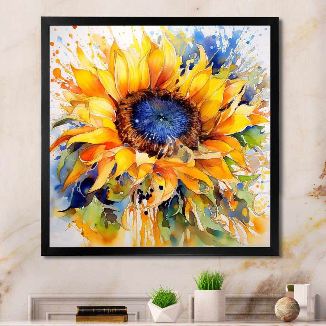 Yellow Blue Golden Cheerful Sunflowers - Floral Canvas Wall Art