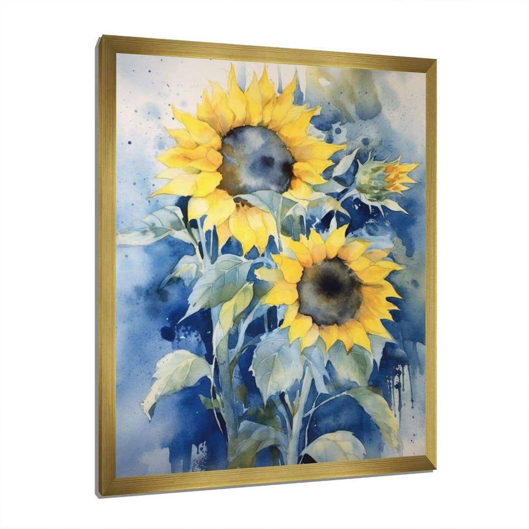 Yellow Blue Sunflower Golden - Floral Canvas Wall Art