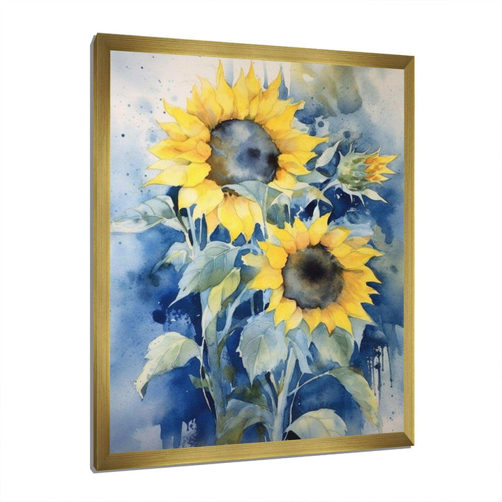 Yellow Blue Sunflower Golden - Floral Canvas Wall Art