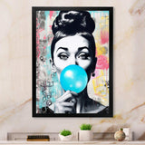 Audrey Hepburn Blue Bubble Gum - People Canvas Wall Art