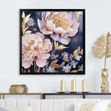 Pink Retro Peonies On Blue - Floral Canvas Wall Art