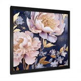 Pink Retro Peonies On Blue - Floral Canvas Wall Art