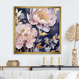 Pink Retro Peonies On Blue - Floral Canvas Wall Art