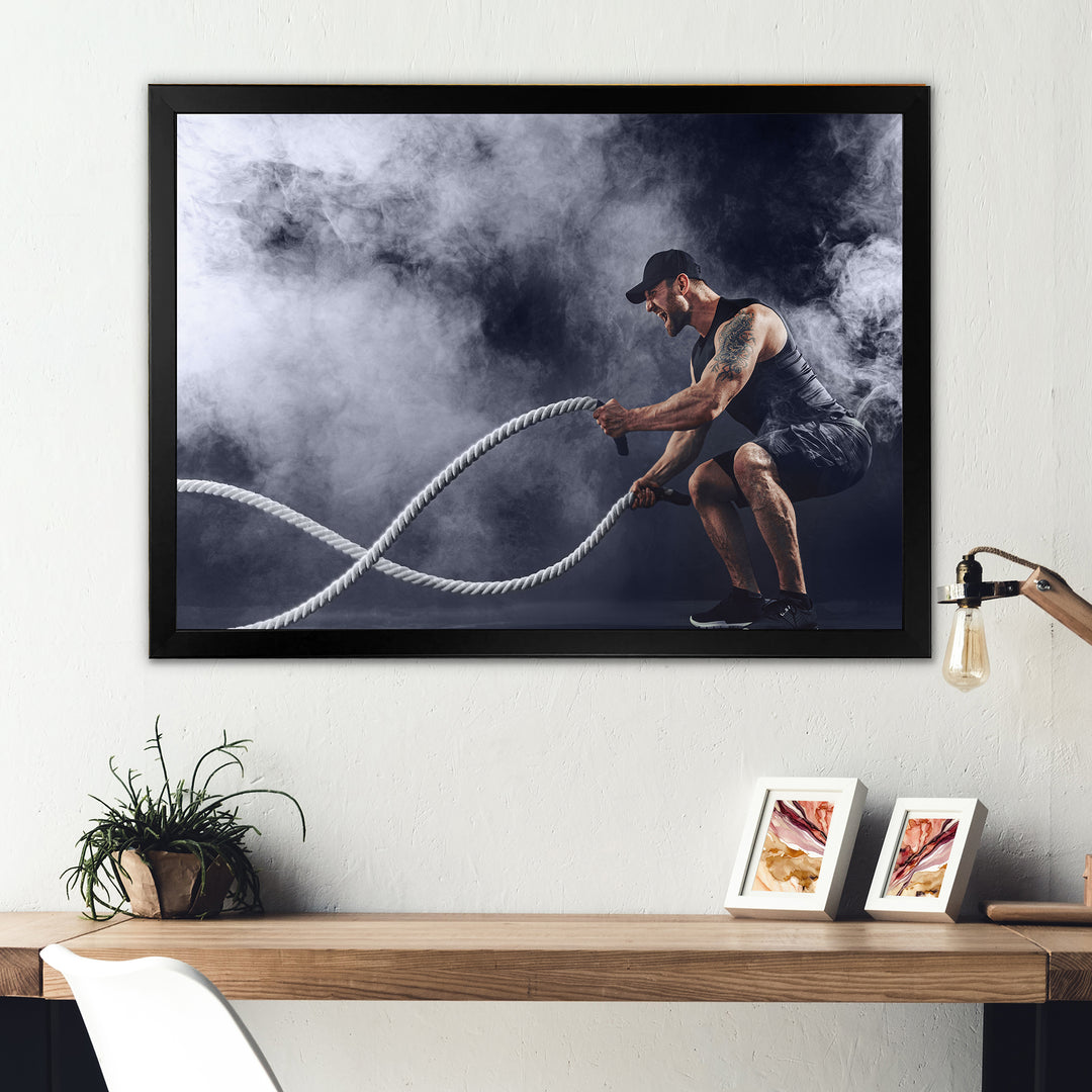 Tattooed Bearded Male Exercising - Aerobic &amp; Bodybuilding Canvas Wall Art