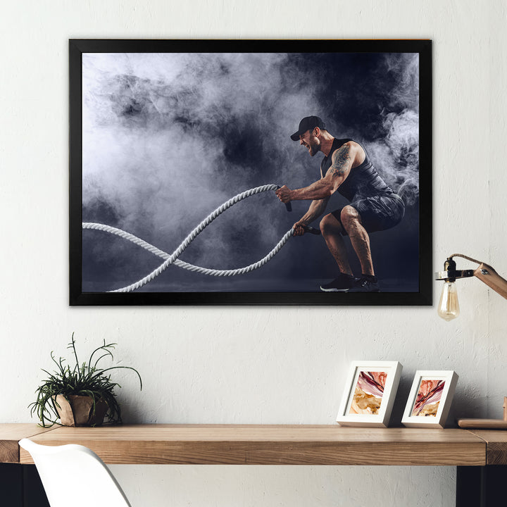 Tattooed Bearded Male Exercising - Aerobic &amp; Bodybuilding Canvas Wall Art