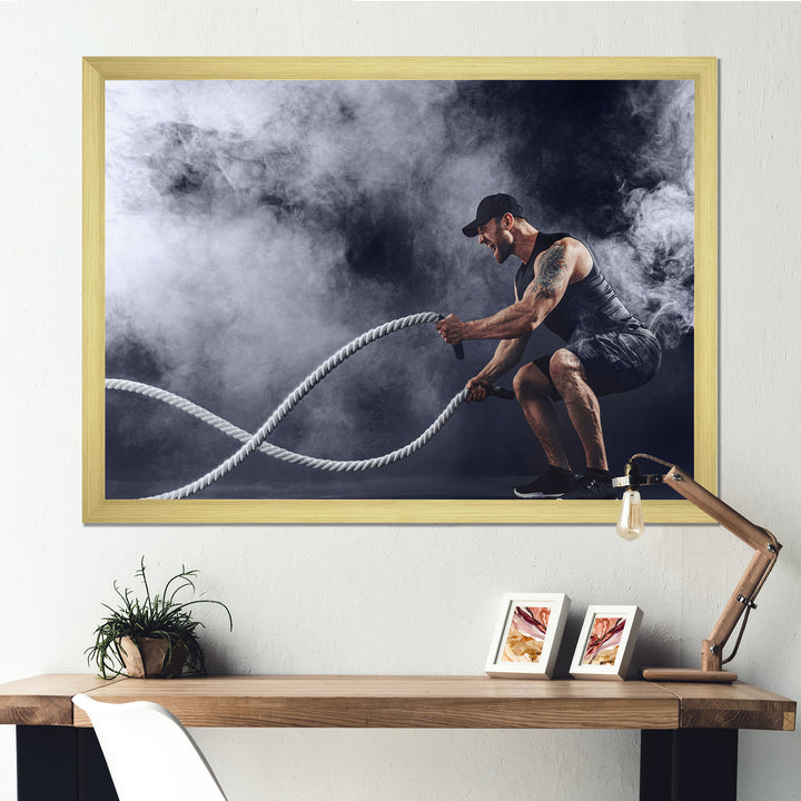 Tattooed Bearded Male Exercising - Aerobic &amp; Bodybuilding Canvas Wall Art