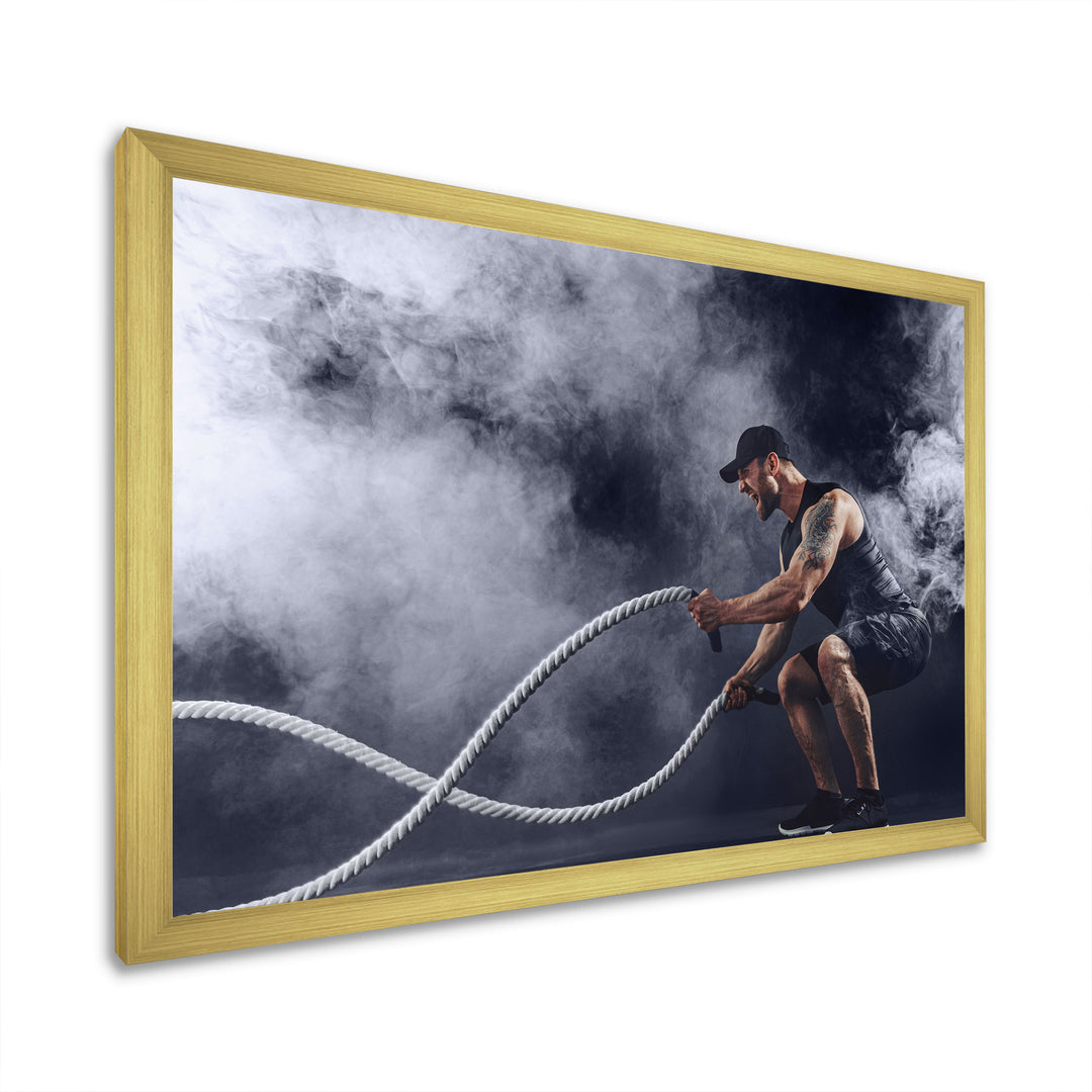 Tattooed Bearded Male Exercising - Aerobic &amp; Bodybuilding Canvas Wall Art