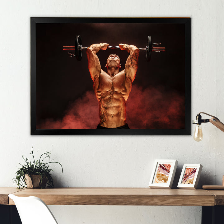 Man Lifting Dumbbell Red Fog - Aerobic &amp; Bodybuilding Canvas Wall Art