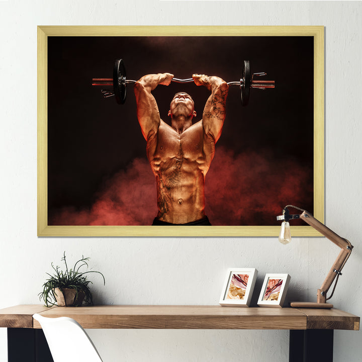 Man Lifting Dumbbell Red Fog - Aerobic &amp; Bodybuilding Canvas Wall Art