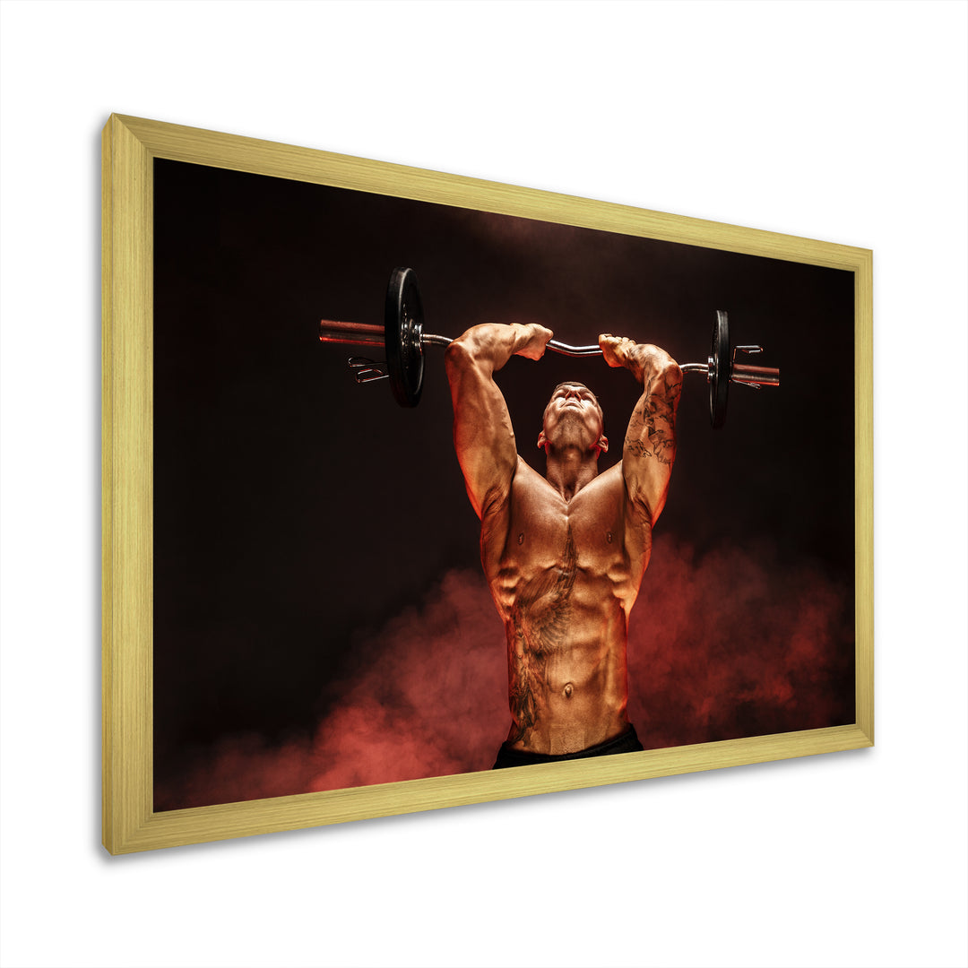 Man Lifting Dumbbell Red Fog - Aerobic &amp; Bodybuilding Canvas Wall Art