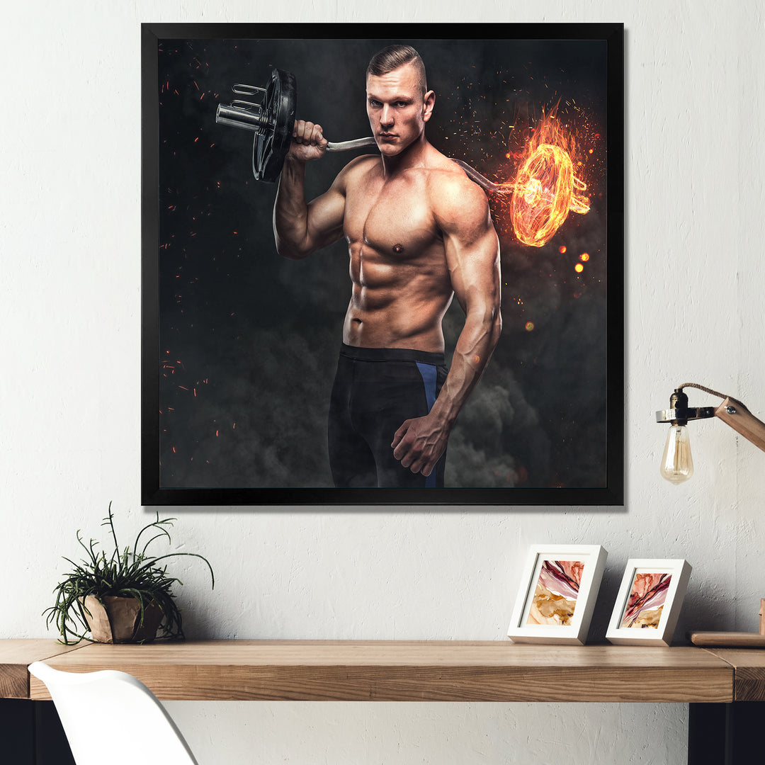 Muscular Athletic Male Holds Burning Barbell - Aerobic &amp; Bodybuilding Canvas Wall Art