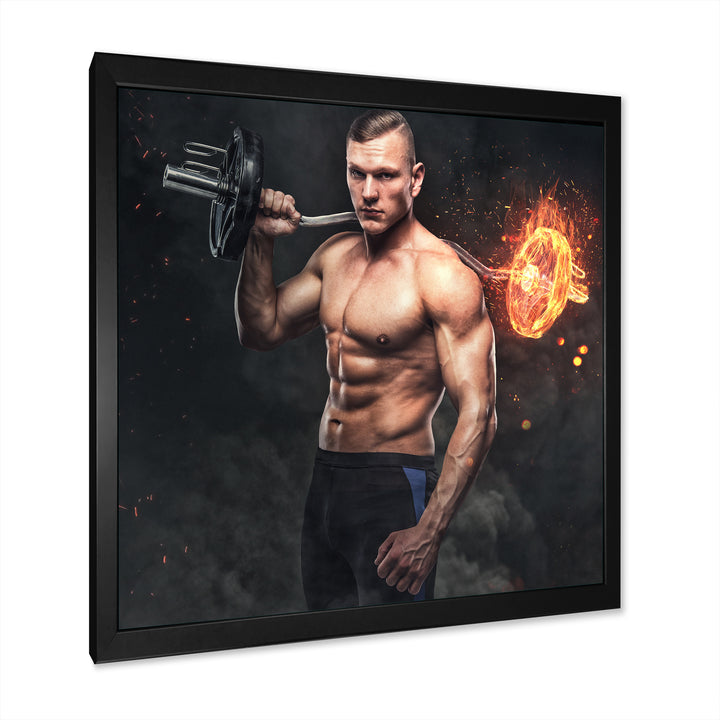 Muscular Athletic Male Holds Burning Barbell - Aerobic &amp; Bodybuilding Canvas Wall Art