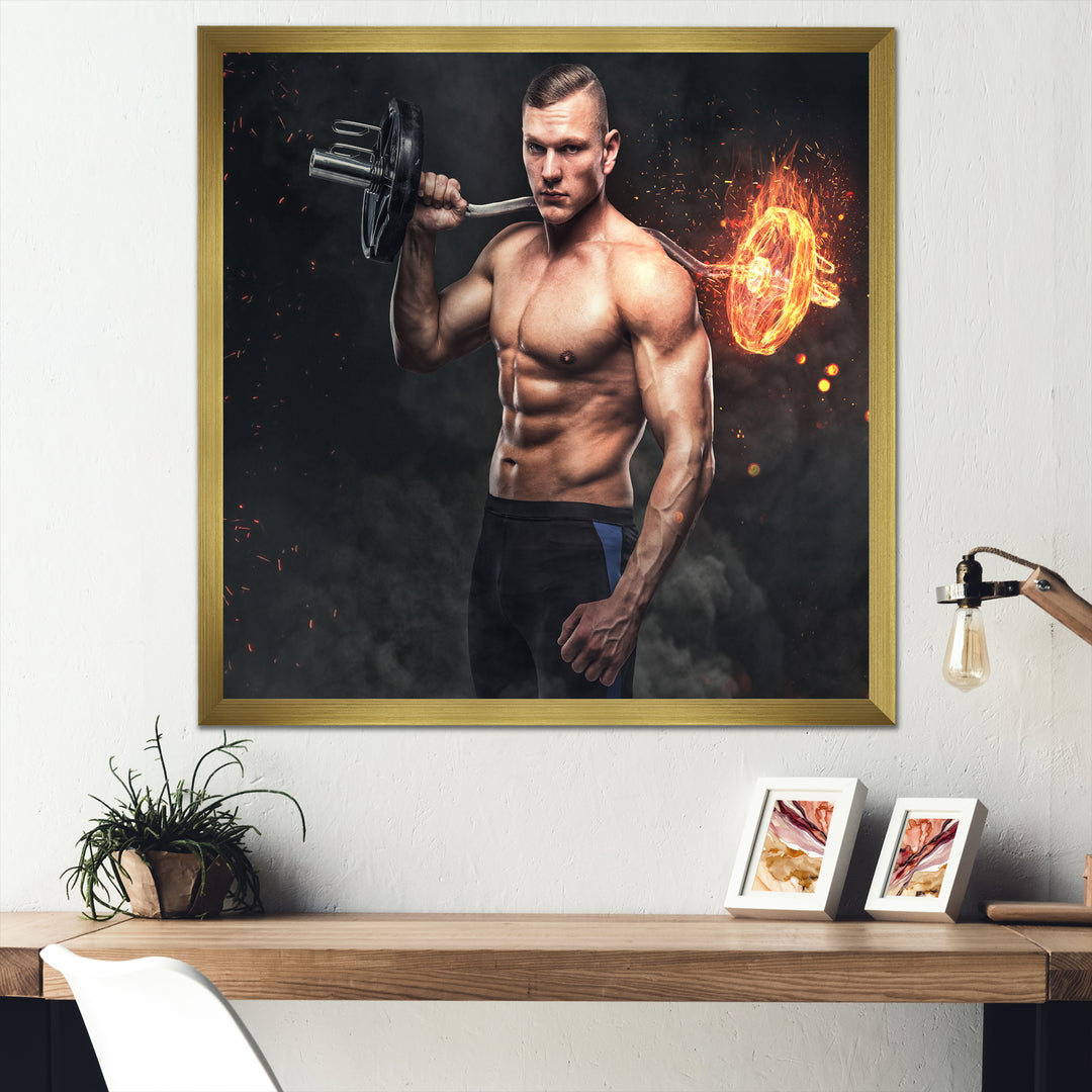 Muscular Athletic Male Holds Burning Barbell - Aerobic &amp; Bodybuilding Canvas Wall Art