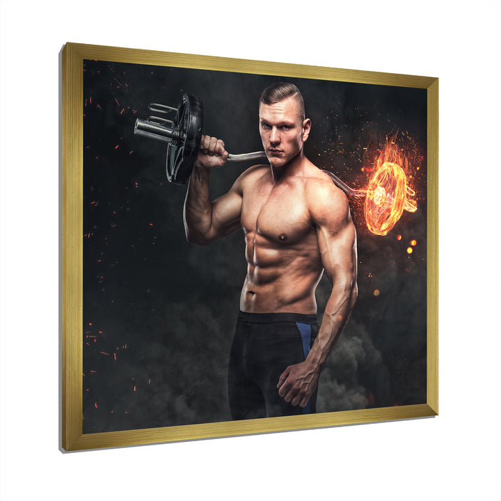 Muscular Athletic Male Holds Burning Barbell - Aerobic &amp; Bodybuilding Canvas Wall Art