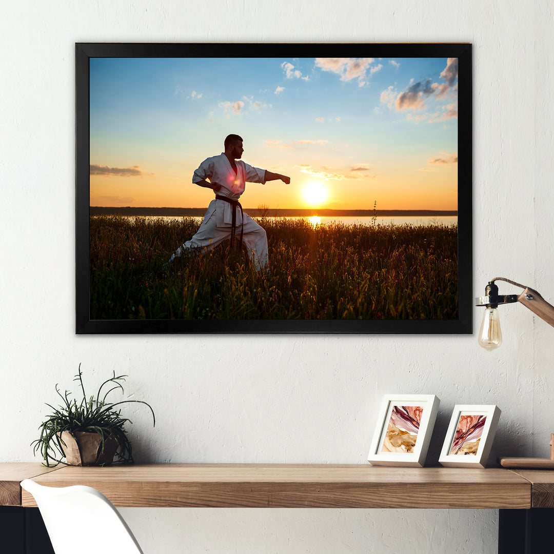 Man Training Karate In Field At Sunrise - Aerobic &amp; Bodybuilding Canvas Wall Art