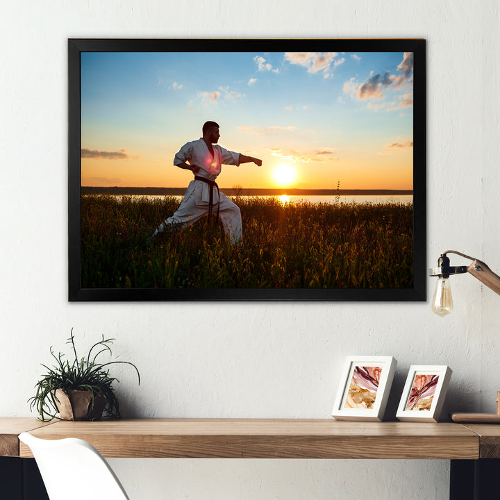 Man Training Karate In Field At Sunrise - Aerobic &amp; Bodybuilding Canvas Wall Art