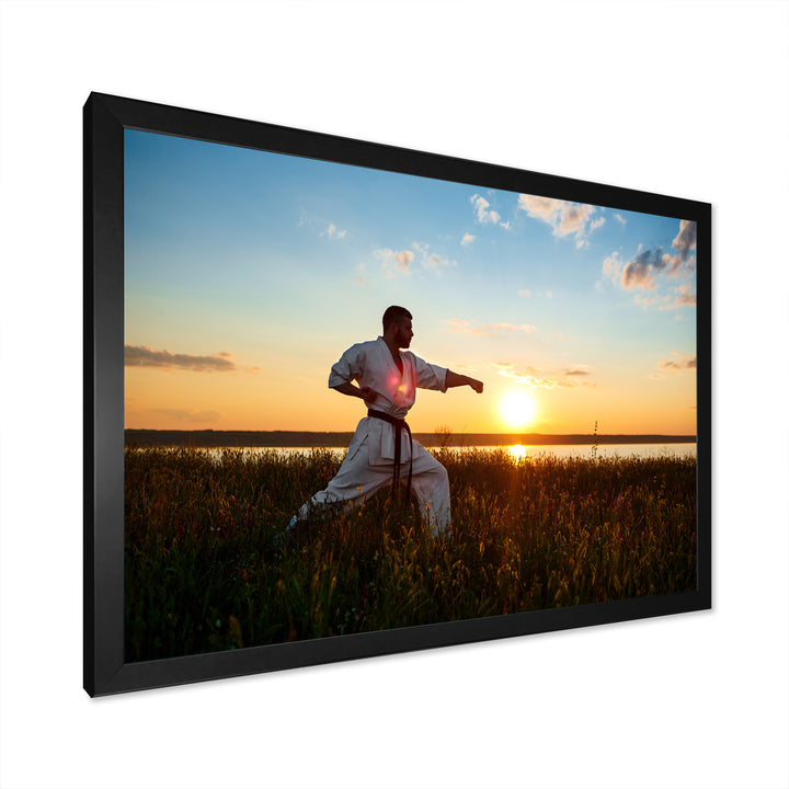 Man Training Karate In Field At Sunrise - Aerobic &amp; Bodybuilding Canvas Wall Art