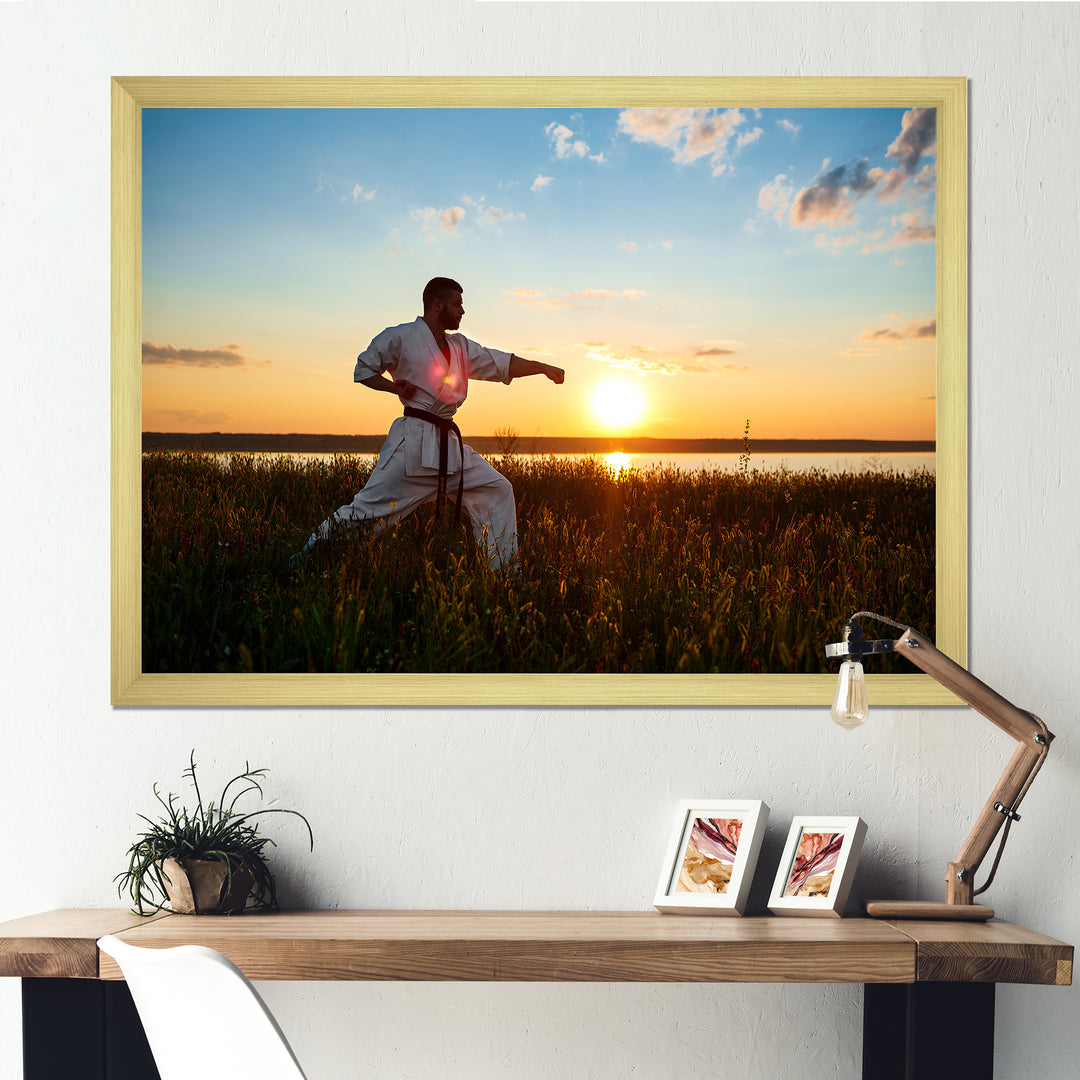 Man Training Karate In Field At Sunrise - Aerobic &amp; Bodybuilding Canvas Wall Art