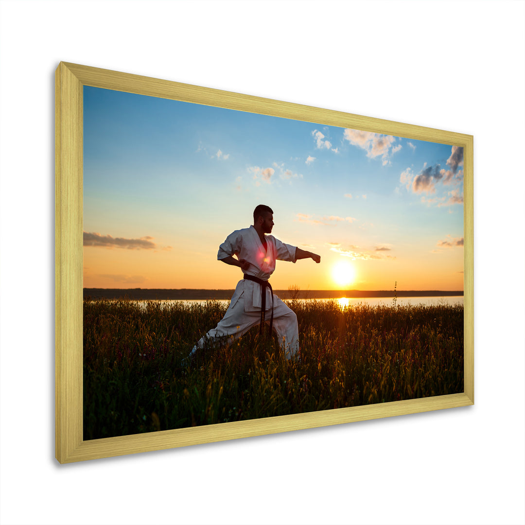 Man Training Karate In Field At Sunrise - Aerobic &amp; Bodybuilding Canvas Wall Art