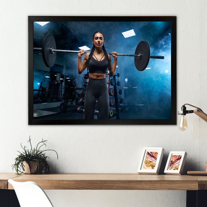 Woman Holding Barbell On Shoulders - Aerobic &amp; Bodybuilding Canvas Wall Art