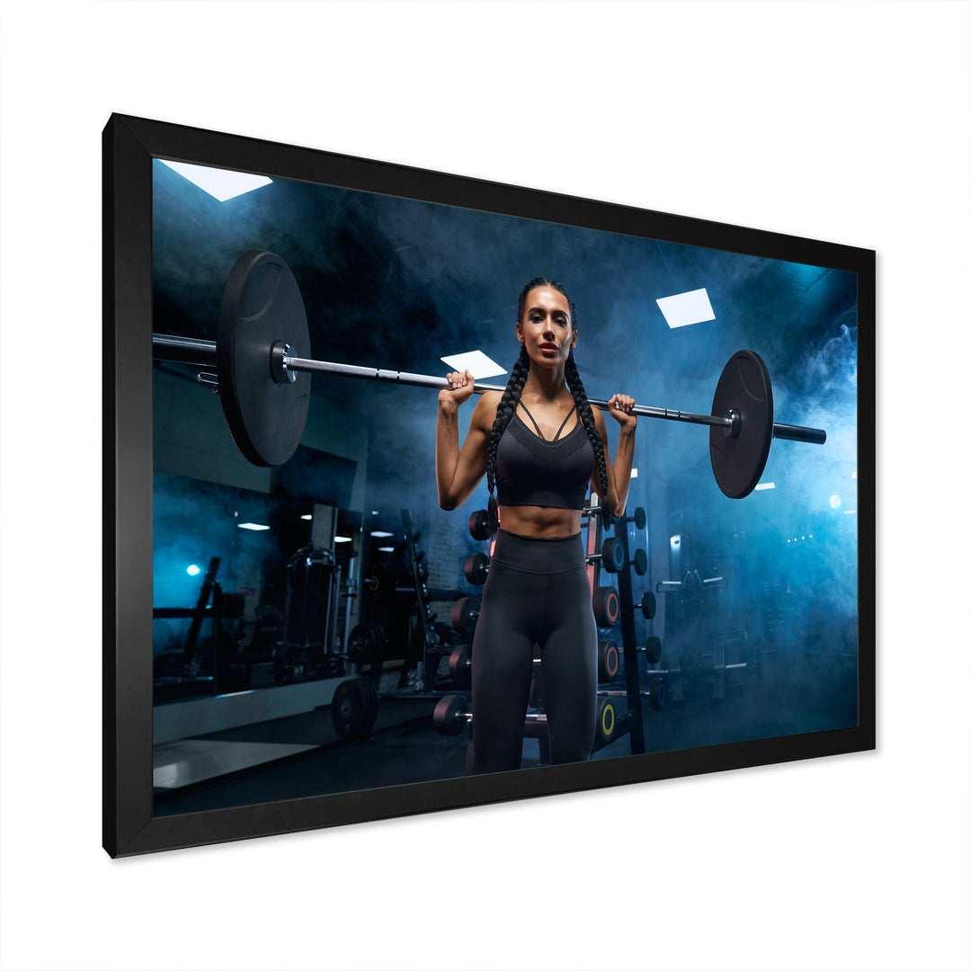 Woman Holding Barbell On Shoulders - Aerobic &amp; Bodybuilding Canvas Wall Art