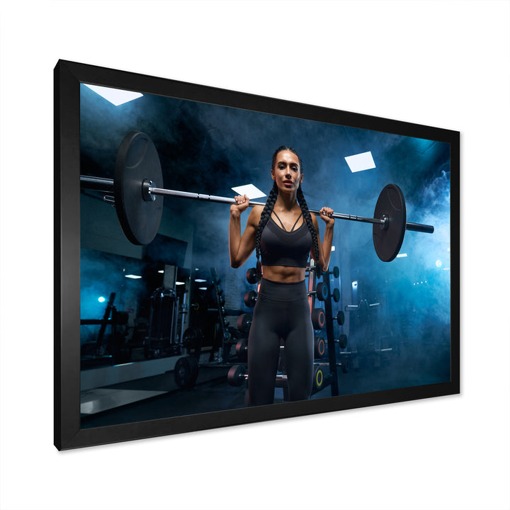 Woman Holding Barbell On Shoulders - Aerobic &amp; Bodybuilding Canvas Wall Art