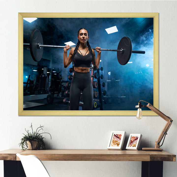Woman Holding Barbell On Shoulders - Aerobic &amp; Bodybuilding Canvas Wall Art