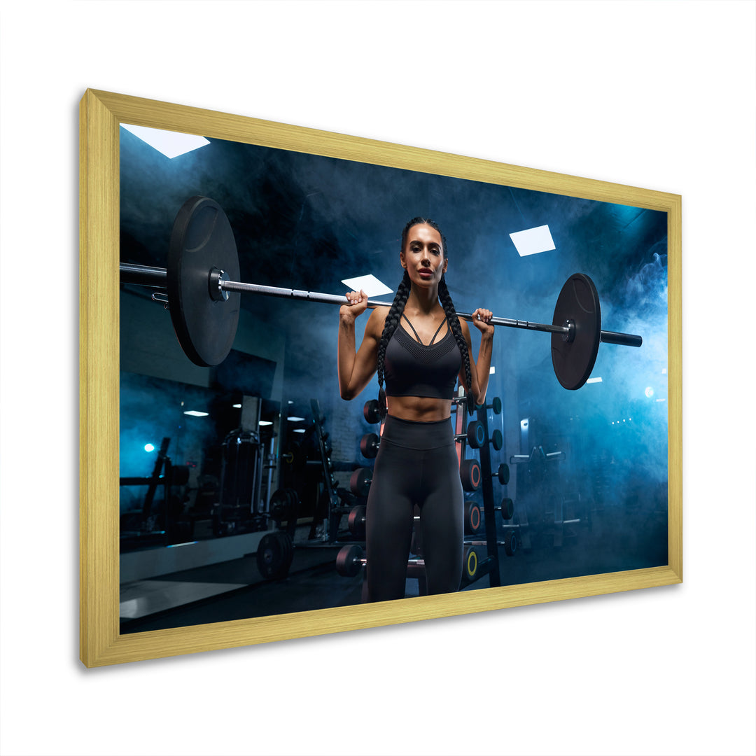 Woman Holding Barbell On Shoulders - Aerobic &amp; Bodybuilding Canvas Wall Art