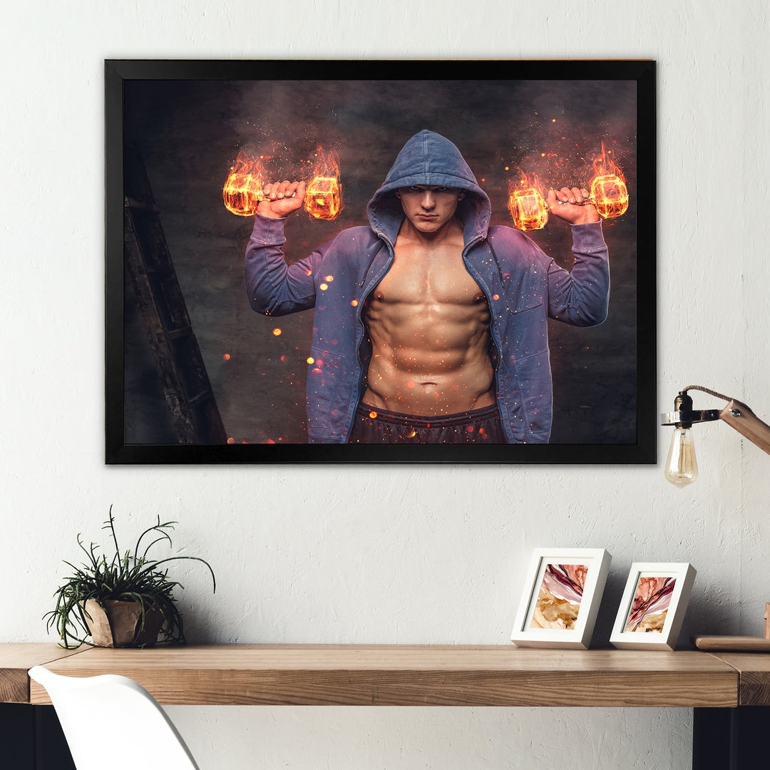 Builder Holds Burning Dumbbells - Aerobic &amp; Bodybuilding Canvas Wall Art