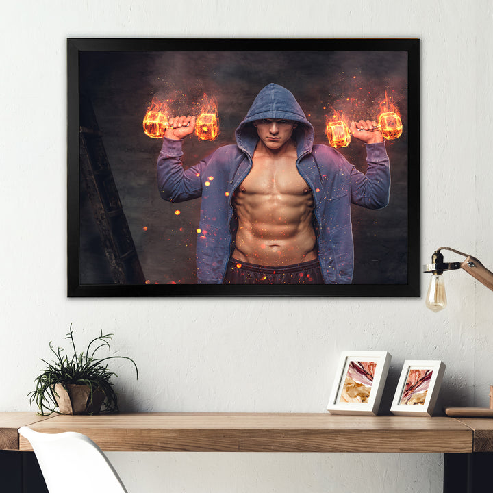 Builder Holds Burning Dumbbells - Aerobic &amp; Bodybuilding Canvas Wall Art