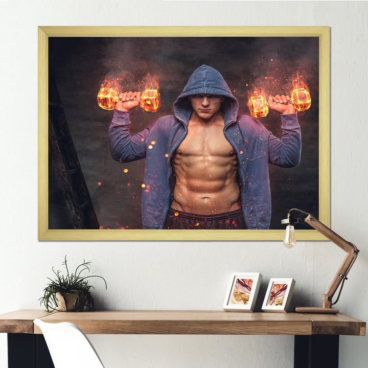 Builder Holds Burning Dumbbells - Aerobic &amp; Bodybuilding Canvas Wall Art