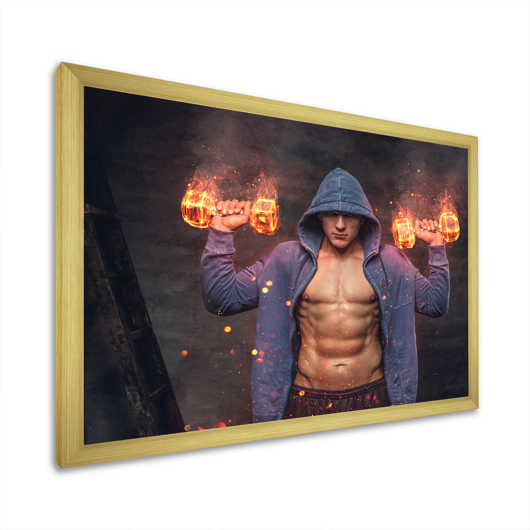Builder Holds Burning Dumbbells - Aerobic &amp; Bodybuilding Canvas Wall Art