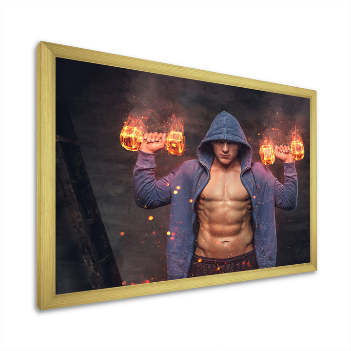 Builder Holds Burning Dumbbells - Aerobic &amp; Bodybuilding Canvas Wall Art