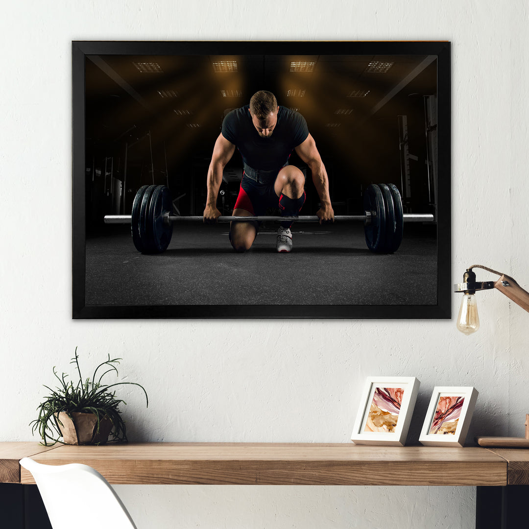 Athlete On Knee Preparing Make Deadlift - Aerobic &amp; Bodybuilding Canvas Wall Art