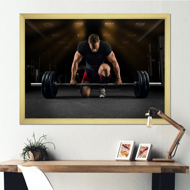 Athlete On Knee Preparing Make Deadlift - Aerobic &amp; Bodybuilding Canvas Wall Art