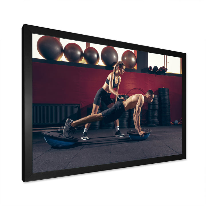 Athletic Man Woman With Dumbbells - Aerobic &amp; Bodybuilding Canvas Wall Art