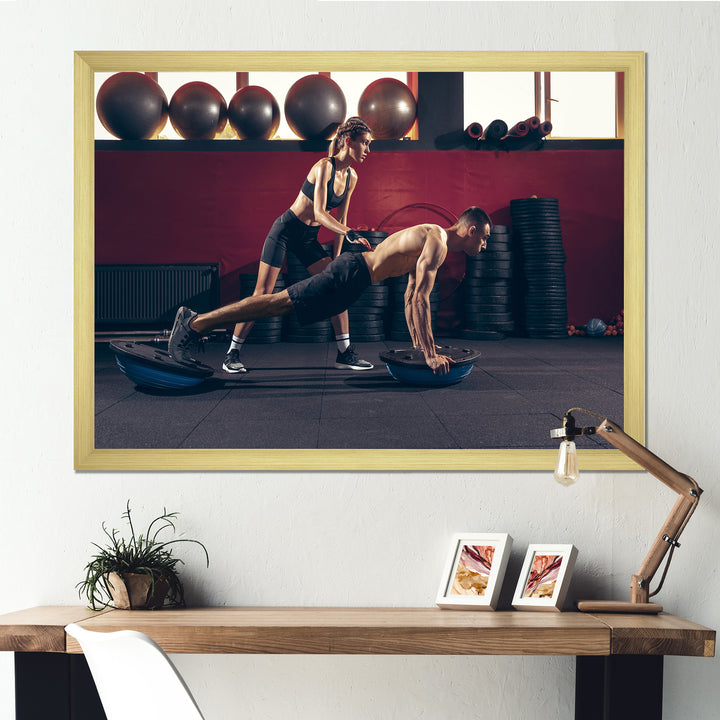 Athletic Man Woman With Dumbbells - Aerobic &amp; Bodybuilding Canvas Wall Art