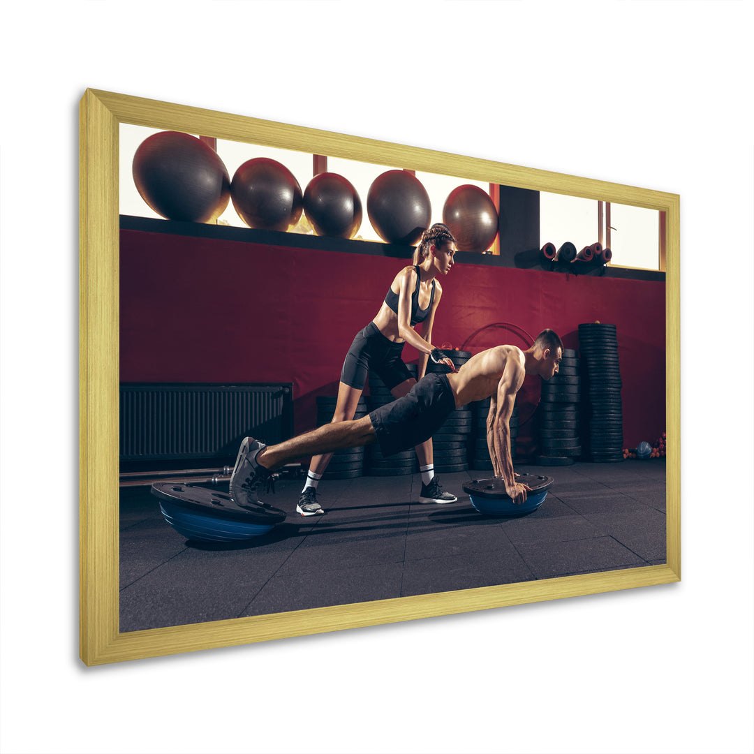 Athletic Man Woman With Dumbbells - Aerobic &amp; Bodybuilding Canvas Wall Art