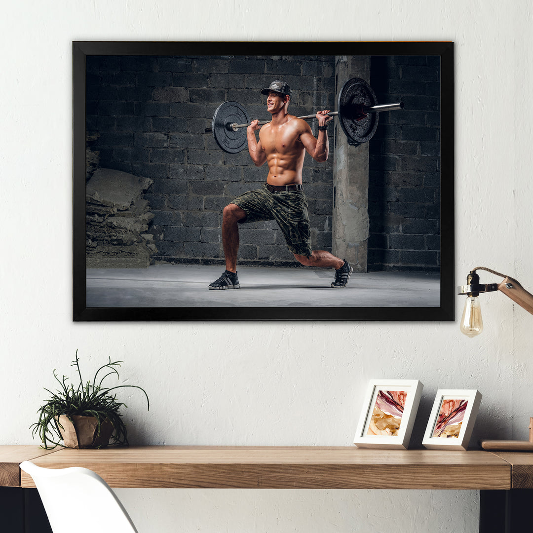 Man Is Doing Lunge With Barbell - Aerobic &amp; Bodybuilding Canvas Wall Art