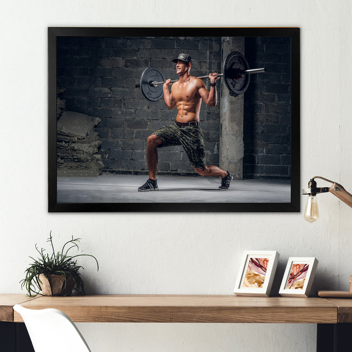 Man Is Doing Lunge With Barbell - Aerobic &amp; Bodybuilding Canvas Wall Art